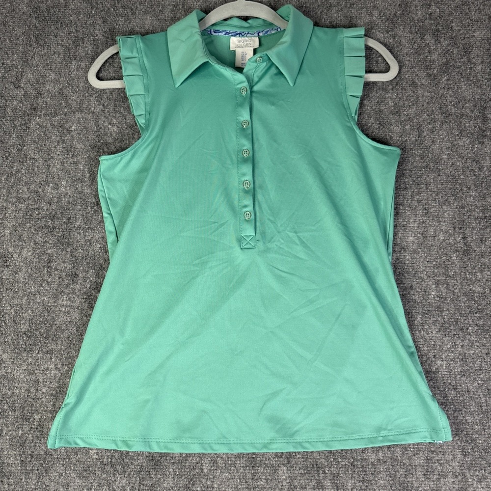 Sigrid Olsen Sleeveless Polo Shirt S Pickleball Golf Mint Green Ruffle Top UPF